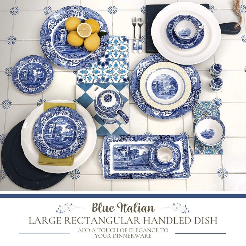 Spode Blue Italian Handled Rectangular Dish - 15" x 12" Porcelain Tableware with Heritage Scroll Border & Scenic Countryside Artwork - Large Decorative Serving Piece for Casserole & Lasagna Bakeware - Image 3